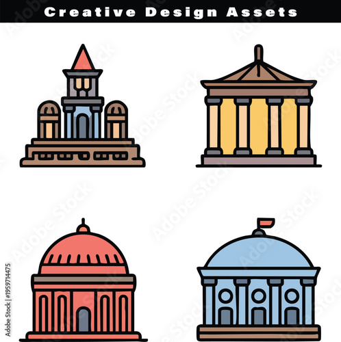 A collection of four stylized architectural building icons featuring historical design elements