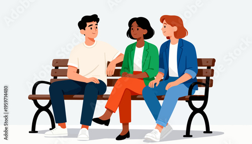 Three friends relax on a wooden bench. They chat, smiling, enjoying each other's company. Casual clothes and relaxed postures show comfort. Ideal for social, friendship, or community scenes