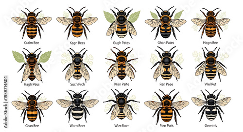 A colorful vector graphic illustration of various bee species in a flat design style