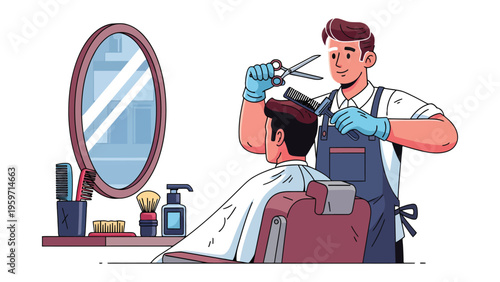 Barber Shop: A skilled barber meticulously cuts the client's hair in a traditional barber shop setting. The scene evokes a sense of care and precision.