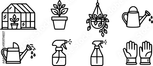 Black and white minimalist vector icons set of greenhouse potted plant hanging planter watering can spray bottle and gardening gloves
