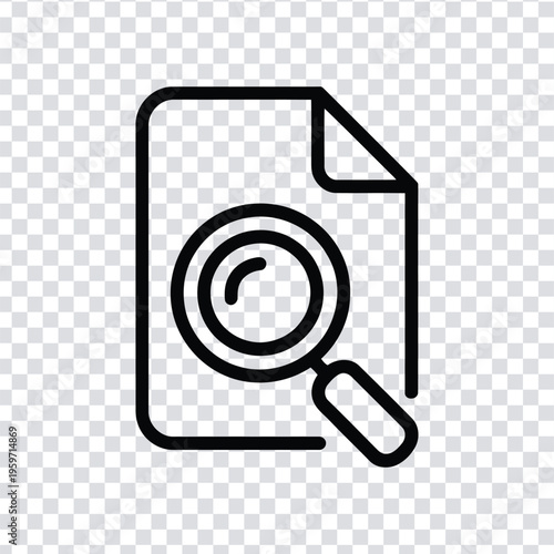 Vector illustration black line icon of a document with a magnifying glass on a transparent background