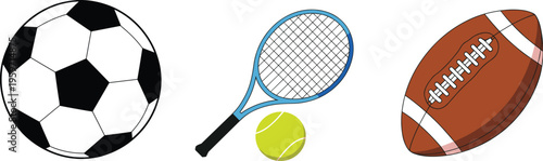 Sports equipment vector set, soccer ball tennis racket football, athletic game gear illustration