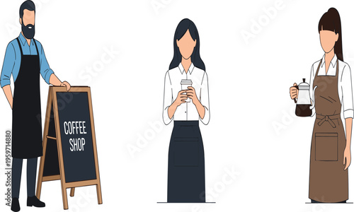 Professional coffee shop staff characters including male and female baristas in aprons with menu chalkboard and coffee pot for cafe business vector illustration.