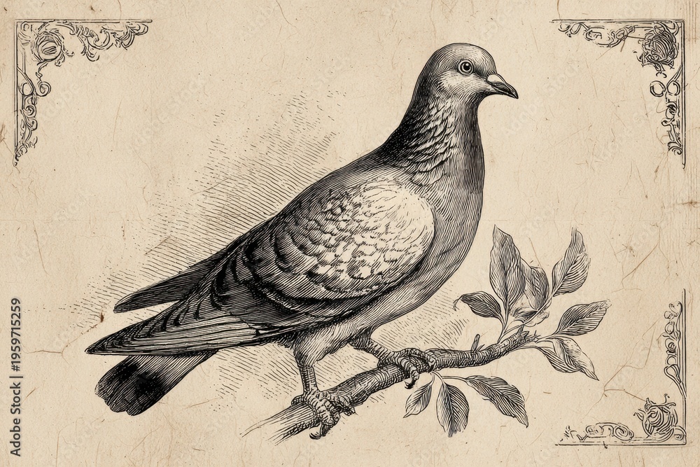 Fototapeta premium Vintage pigeon illustration in engraving style on aged parchment