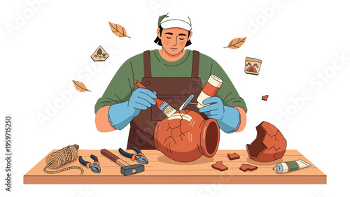 Ancient Artifact Restoration: A dedicated craftsman carefully restores a broken ancient pottery artifact, employing meticulous skill and a passion for preserving history.