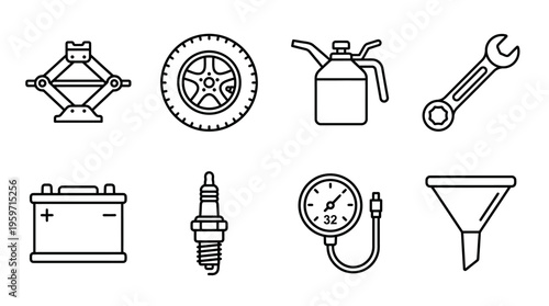 Minimalist automotive tools icons set, clean black-and-white vehicle repair essentials illustration