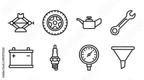 Minimalist automotive tools icons set, clean black-and-white vehicle repair essentials illustration