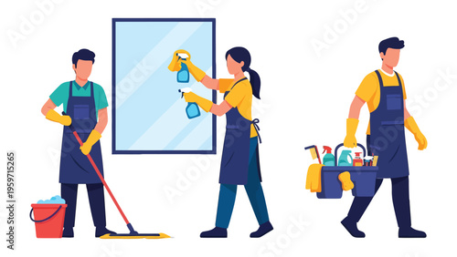 Trio of Cleaning Professionals: A dynamic illustration captures three cleaning professionals diligently at work, each equipped with essential tools to maintain impeccable cleanliness and hygiene.