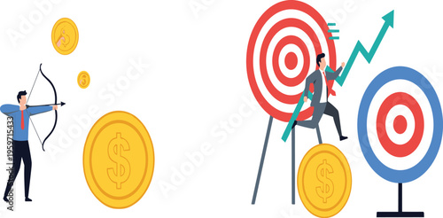 Successful businessman aiming at money goals with bow and arrow including financial growth chart with rising profit arrow on gold coins target background.