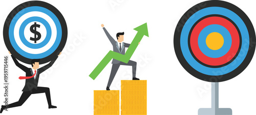 Successful businessman achieving financial goals with money target bullseye and rising profit arrow on gold coin stacks for investment growth and wealth management strategy.