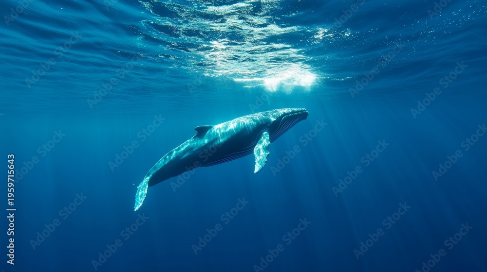 Obraz premium Majestic humpback whale swimming gracefully ocean depths wildlife photography underwater environment side view marine conservation