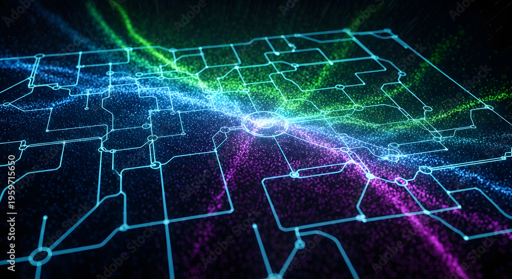 Fototapeta premium Vibrant circuit board pathways glow with neon lights in technology