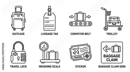 Minimalist airport luggage icons set, clean black-and-white baggage handling essentials illustration
