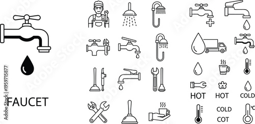 Plumbing services vector icon set including water faucets shower heads repair tools plunger wrench and temperature indicators for home maintenance and repair branding.