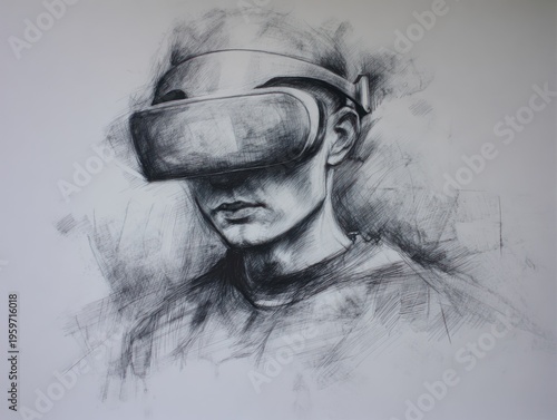 Monochrome sketch of a person wearing a VR headset, with a focus on shadow and detail