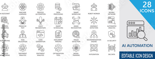 Editable line icon set for AI automation ,  graphics,  workflow,  efficiency, management, optimization, and smart industry 4.0 technology solutions.
