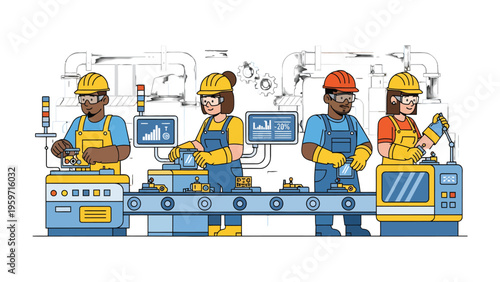 Industry Team at the Assembly Line: A team of skilled workers, clad in safety gear, meticulously manage operations on an assembly line.