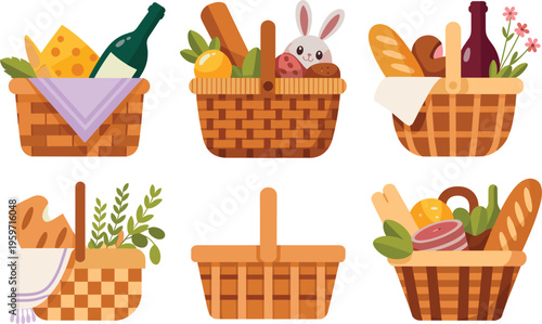 Picnic basket vector set, food wine bread collection, outdoor leisure picnic elements design