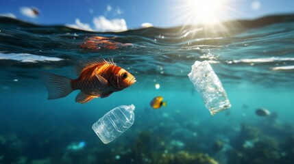 Underwater pollution awareness goldfish swimming amidst plastic waste ocean environment wildlife photography marine conservation