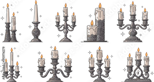 Vintage candle holder illustrations set with ornate candelabras antique stands burning candles classic decor vector collection