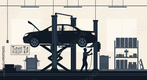 Mechanic lifting car on hydraulic lift in garage with tools and equipment around
