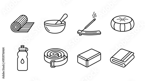 Minimalist yoga gear icons set, clean black-and-white meditation essentials illustration