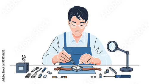 Precision in Time: A skilled craftsman, meticulously focused, dedicates his expertise to the delicate art of watch repair. With precision tools in hand, he breathes life into each timepiece.