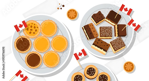 A colorful vector illustration of traditional Canadian desserts, including butter tarts and chocolate cake, decorated with Canadian flags.