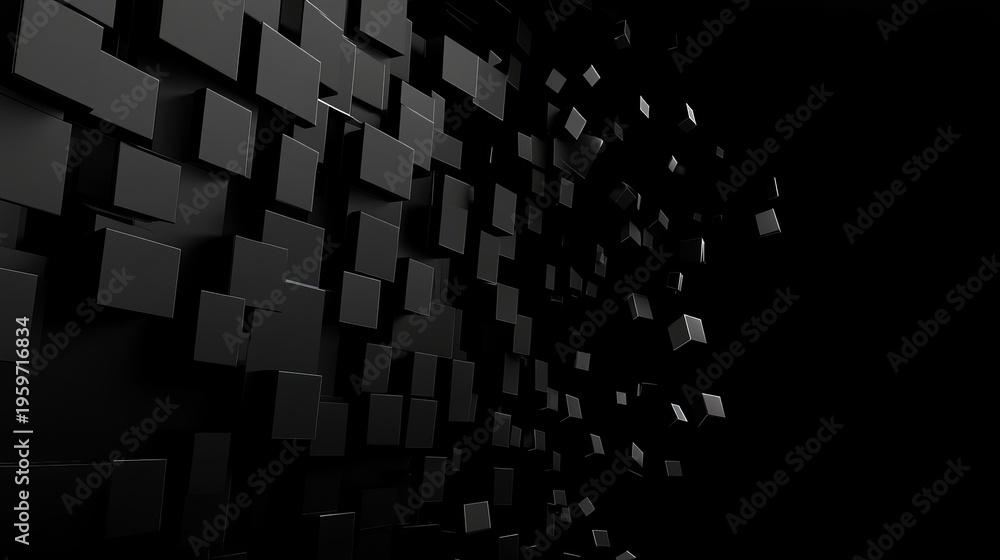 Obraz premium Dynamic 3D black squares float and cascade against a dark background, creating a modern abstract scene