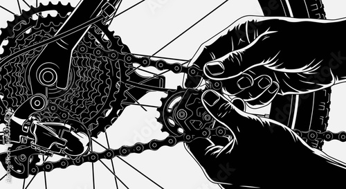Hand adjusting bicycle chain gears on a bike wheel close up
