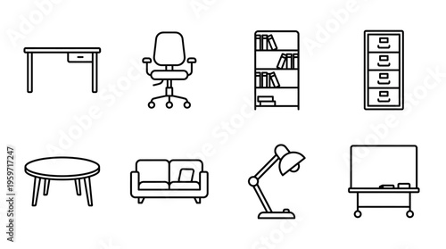 Minimalist office furniture icons set, clean black-and-white workplace essentials illustration