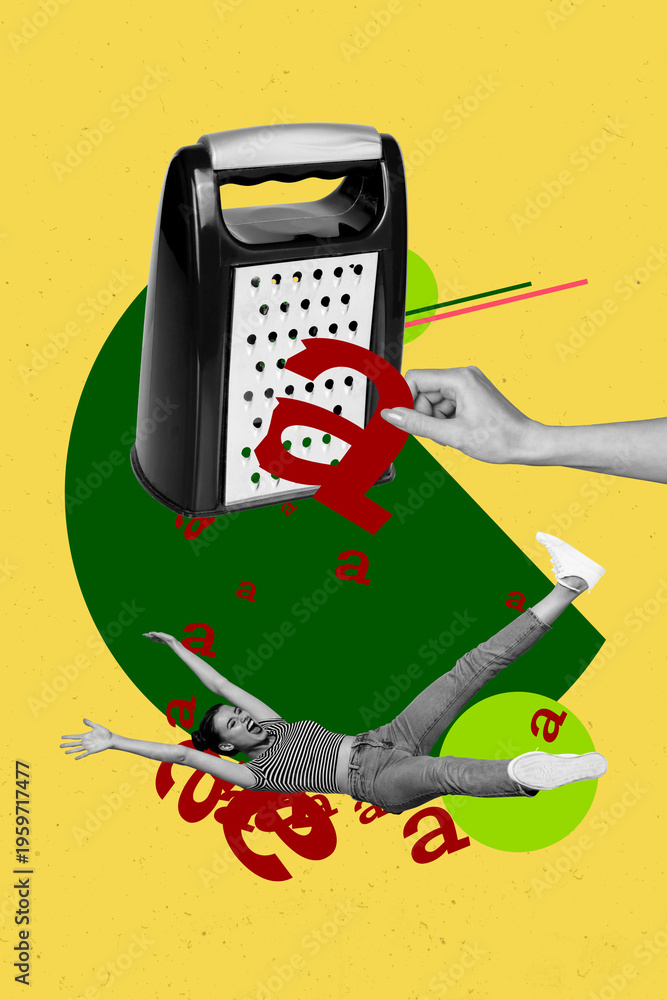 © deagreez - Creative pop vertical collage of shredded letters cooking grater helps girl guy catch more knowledge learning language education © deagreez - Creative pop vertical collage of shredded letters cooking grater helps girl guy catch more knowledge learning language education