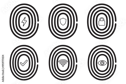 Minimalist outline fingerprint scanner biometric security vector icon set featuring privacy shield, padlock, invisible eye, and network symbols for secure app UI