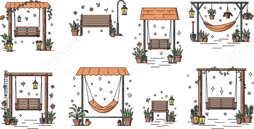 PrintCozy outdoor garden swing illustrations set with wooden bench hammock plants lanterns and decorative backyard elements vector collectionCozy outdoor garden swing illustrations set