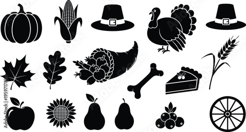 Black silhouette icons of thanksgiving themed items and food