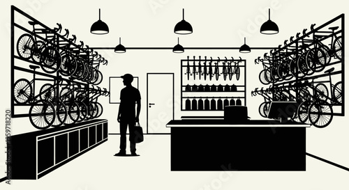 Silhouette of a person in a bicycle repair shop with bikes on shelves and a counter