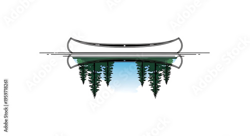 A vector graphic illustration of a canoe and trees reflected in calm water