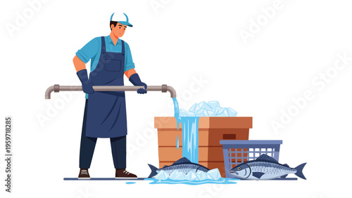 Fish processing: An illustration of a worker processing fish in an industrial setting, with a focus on hygiene and efficient workflow.