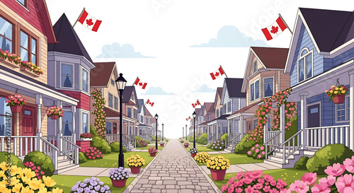 A vibrant illustration of a Canadian suburban street with houses decorated with flowers and flags.
