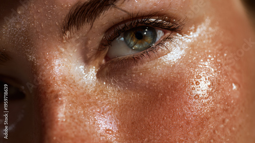 Macro closeup of eye and cheek with sweat droplets showing natural skin texture, shine, and perspiration