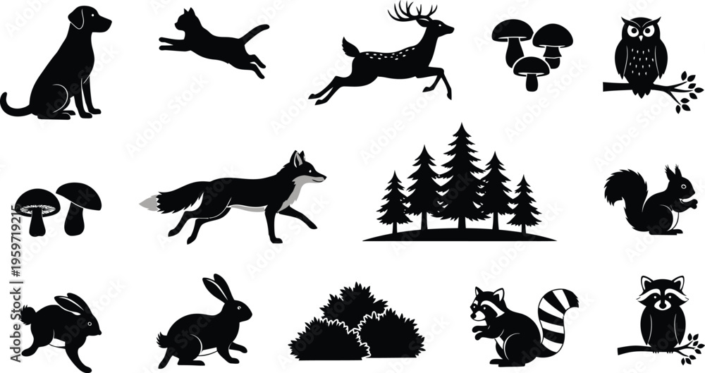 Fototapeta premium Woodland creature silhouette collection featuring various animals and trees