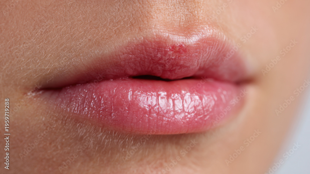 Obraz premium Macro closeup of human lips with visible cold sore and irritation highlighting dryness, cracking and viral infection symptoms