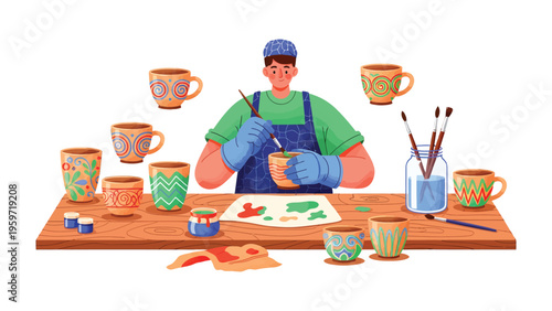 Creative Artistry: A skilled artisan, absorbed in the delicate art of crafting, delicately paints intricate designs on an array of handcrafted ceramic cups.