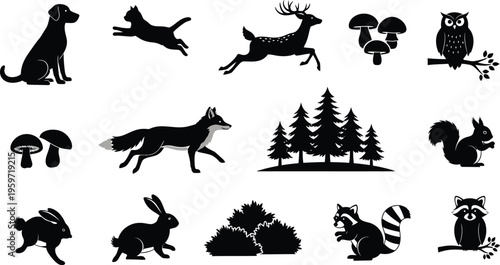 Woodland creature silhouette collection featuring various animals and trees