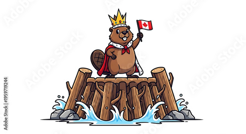 A cartoon beaver wearing a crown and cape stands on a wooden dam holding a Canadian flag