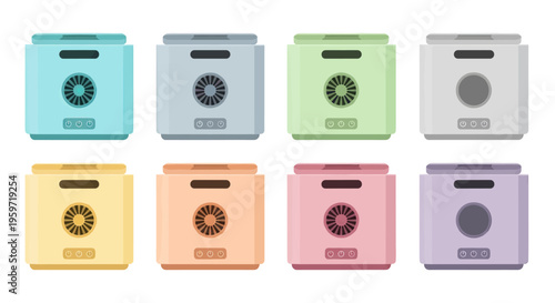 A set of 2D flat-style icons representing household air humidifiers or evaporators in various colors (blue, green, orange, pink). Perfect for climate control apps, home appliance reviews, and interior