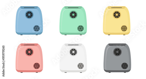 A set of 2D flat-style icons representing household air humidifiers or evaporators in various colors (blue, green, orange, pink). Perfect for climate control apps, home appliance reviews, and interior