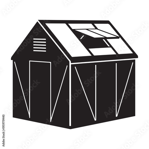 Simple black and white vector illustration of a classic garden greenhouse or shed with open roof panels, ideal for plant cultivation and backyard gardening.