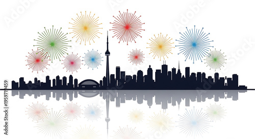 A vibrant city skyline at night with colorful fireworks exploding above it